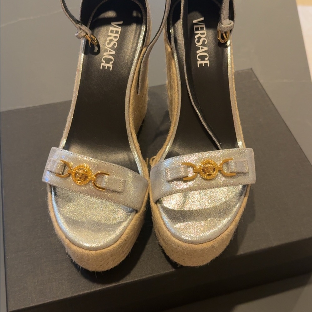 Authentic Versace Metallic Silver Platform Wedges